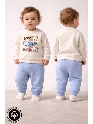 Miniel Unisex Bebek Şaşkın Ayıcık Baskılı %100 Pamuklu 6-9-12 Ay Alt Üst 2'li Bebek Takımı