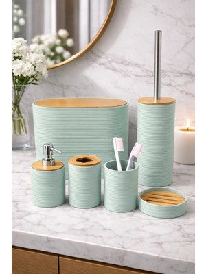 Makri Home 6 Parça Su Yeşili Banyo Seti, Bambu Detaylı, 8l Çöp Kovası 24X26X16 cm