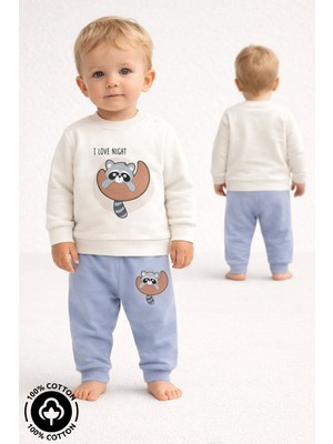 Miniel Unisex Bebek Rakun Baskılı %100 Pamuklu 6-9-12 Ay Alt Üst 2'li Bebek Takımı
