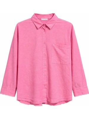 Mixray 4640 Kadın Pis Dikişli Oversize Keten Gömlek Pembe