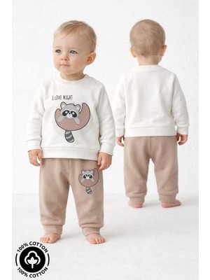 Miniel Unisex Bebek Rakun Baskılı %100 Pamuklu 6-9-12 Ay Alt Üst 2'li Bebek Takımı