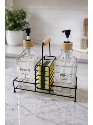 Makri Home Lüks Bambu Kulplu Siyah Metal Stantlı Ikili Cam Sıvı Sabunluk 500 Ml, 23X9X23,5 cm