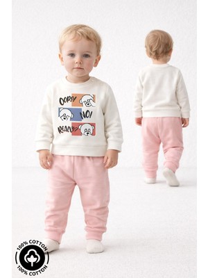 Miniel Unisex Bebek Şaşkın Ayıcık Baskılı %100 Pamuklu 6-9-12 Ay Alt Üst 2'li Bebek Takımı