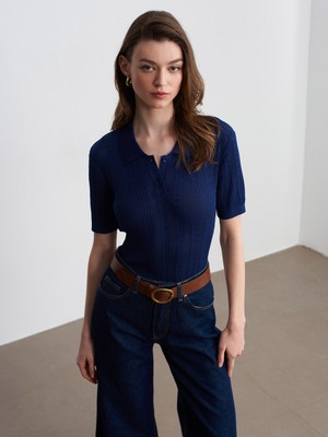 Dilvin 10781 Polo Yaka Triko Bluz-Lacivert