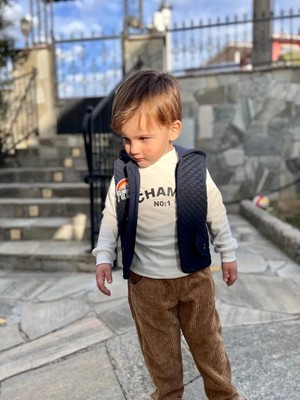 Sb Shopping 3-4-5 Yaş Fitilli Kadife Pantolon Kapitone Kapşonlu Yelek Uzun Kollu Sweat 3lü Erkek Çuk Takımı Lac