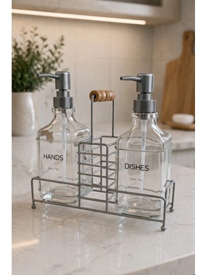 Makri Home Lüks Bambu Kulplu Gri Metal Stantlı Ikili Cam Sıvı Sabunluk 500 Ml, 23X9X23,5 cm
