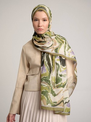 AYSHARA Devr-I Fırça Desenli Tek Taraflı Şal -  Yağ Yeşil