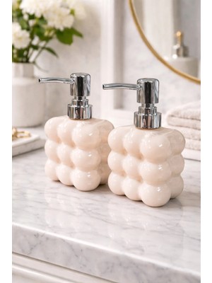 Makri Home 2 Adet Bubble Cam Sıvı Sabunluk, 300 ml + 300 ml - Krem, 9,5X6,5X15 cm
