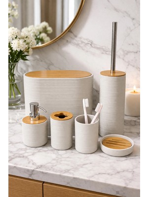 Makri Home 6 Parça Krem Banyo Seti, Bambu Detaylı, 8l Çöp Kovası 24X26X16 cm