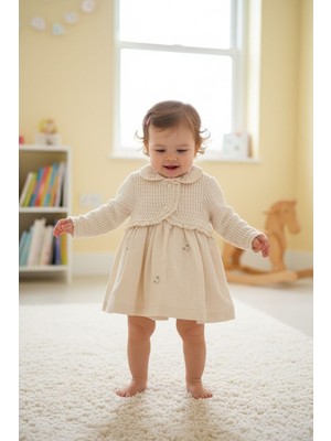 Butik Kız Bebek %100 Pamuklu Triko Ceketli Elbise Çiçek Detaylı