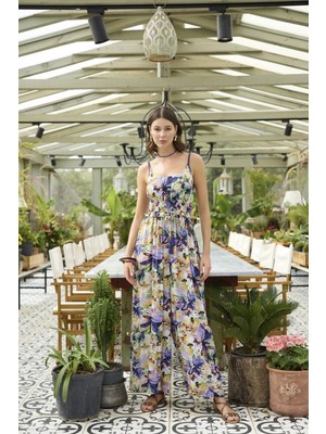 Marsilyan-  Çiçek ve Yaprak Desenli Ip Askılı Tulum