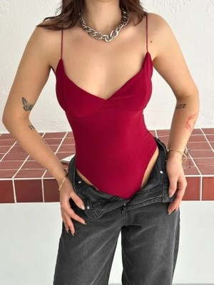 Uslucan Alışveriş Derin Dekolte Askılı Body Sırt Dekolteli Şık Kolsuz Yazlık Bodysuit - Kırmızı