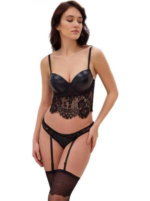 Marsilyan-  Deri Görünümlü Balenli Destekli Dolgulu Askıları Çıkabilen Dantelli Büstiyer Sütyen Jartiyerli String ve Çorap 3'lü Takım