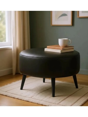 Waterybrook Suni Deri Large Puf - Siyah Ahşap Ayaklı - Retro Modern Tasarım & Dekoratif Sehpa