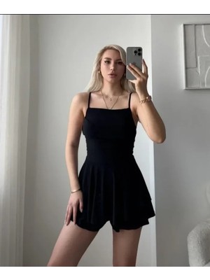 Uslucan Alışveriş Straplez Mini Etek Görünümlü Şortlu Elbise Büzgülü Şık Yazlık - Siyah