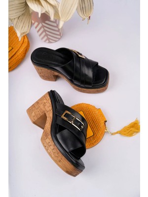 Sy Leather Tilda Model Hakiki Deri Çapraz Bant Toka Detaylı Platform Kalın Topuklu Kadın Terlik