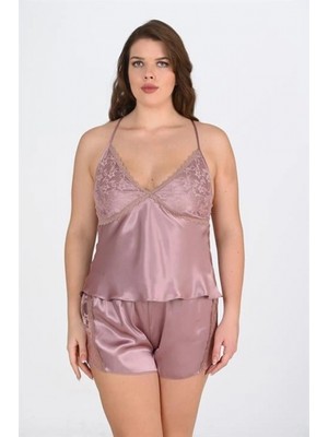 Marsilyan-  Büyük Beden Dantel Işlemeli Vizon Saten Şort Takımı