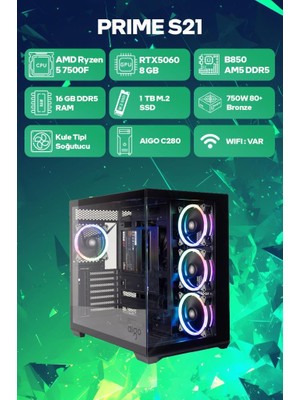 Game Garaj Prime S21 Amd Ryzen 5 7500F 16GB RAM 1TB SSD RTX5060 Freedos Oyuncu OEM Paket