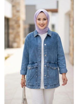 Harma Time Butik Kadın Taş Işlemeli Cepli Kot Mavi Ceket
