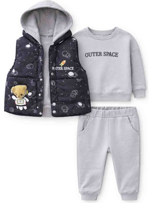 Wow Erkek Bebek 3’lü Takım – Uzay Desenli Şişme Yelek, Sweatshirt ve Eşofman Altı