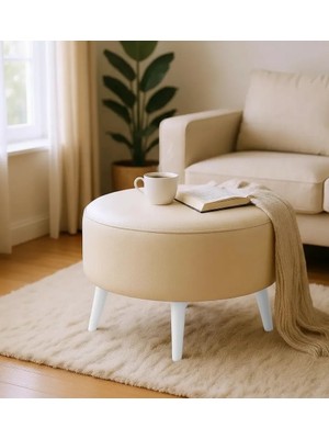 Waterybrook Suni Deri Large Puf - Beyaz Ahşap Ayaklı - Retro Modern Tasarım & Dekoratif Sehpa