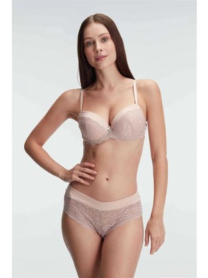 Marsilyan-  Destekli Balenli Kaplı Dantel Detaylı Sütyen Slip Iç Çamaşırı Takımı