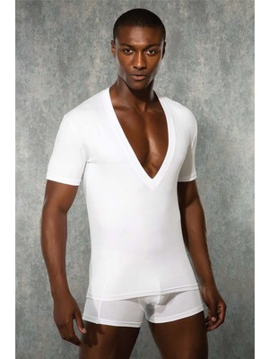 DOREANSE 2850 ERKEK KISA KOL DERİN V YAKA BEYAZ T-SHİRT