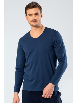 Cacharel 1334 Erkek V Yaka Uzun Kollu T-Shirt - Indigo