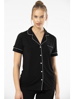 Türen 3368 Kadın Kısa Kollu Gömlek Yaka Pijama Takım-Siyah