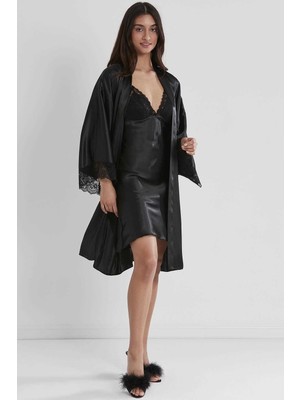 Orkide Pierre Cardin 2'lı 4250 Siyah Bayan Saten Gecelik Sabahlık Takımı