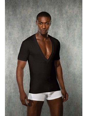 DOREANSE 2850 ERKEK KISA KOL DERİN V YAKA SİYAH T-SHİRT