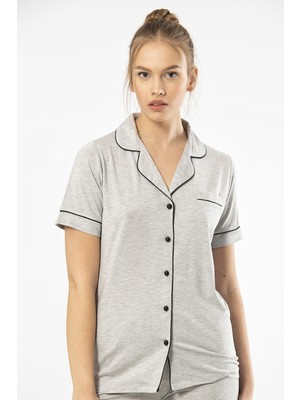 Türen 3368 Kadın Kısa Kollu Gömlek Yaka Pijama Takım-Gri