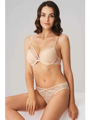 Marsilyan-  Balenli Destekli Dolgulu Yaka Detaylı Taşlı Dantelli Sütyen ve String Takım