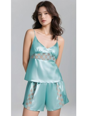 Marsilyan Aqua Saten Babydoll Şort Takımı Zarif Kadın Gece Giyim