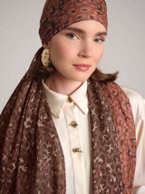 AYSHARA Peleng Leopar Desenli Çift Taraflı Şal - Kiremit Kahverengi