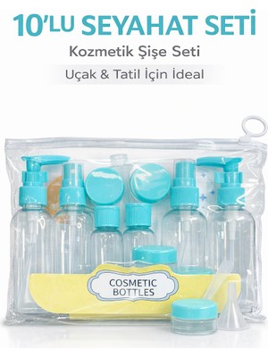 Seyahat İçin 10 Parça Mavi Plastik Şişe Seti 0,8 ml Sızdırmaz Kapak Tasarımı ile Pratik Kullanım