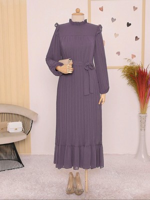 Modamorfo Önü Robalı Kolları ve Bedeni Piliseli Elbise   -Lila