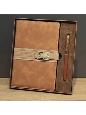 Venüs Shopping Taba Rengi Termo Deri Defter ve Metal Roller Kalem Seti