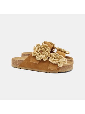Desa Kadın Taba Hasır Çiçek Detaylı Süet Terlik