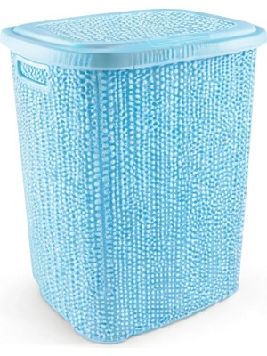 Uslucan Alışveriş Kirli Çamaşır Sepeti Kapaklı 65 Lt Örgü Desenli Plastik Çamaşır Sepeti Banyo Sepeti - Mavi