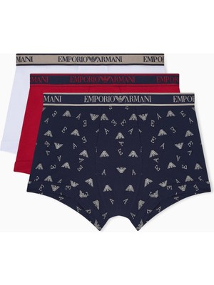Emporio Armani Erkek Üçlü Paket Esnek Pamuklu Elastik Bel Bantlı Desenli Çok Renkli Boxer EM000370 AF20669-M5080