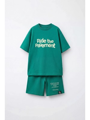 Magu Erkek Çocuk Pamuklu Yeşil Slogan Baskılı Tişört Şort Takım