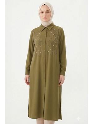 Lale Butik Levidor Önü Çizgili Taşlı Tunik Gömlek 210144 Haki