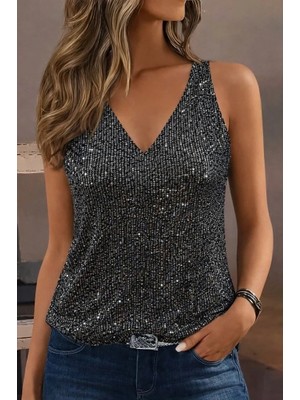 Uslucan Alışveriş Kadın Askılı V Yakalı Pulpayetli Bluz