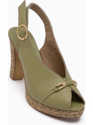Limoya Bernis Hakiki Deri Yeşil Tokalı Platform Topuklu Kadın Ayakkabı