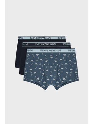 Emporio Armani Erkek Üçlü Paket Esnek Pamuklu Elastik Bel Bantlı Desenli Mavi Boxer EM000370 AF20669-MB148