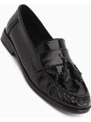 Limoya Kethy Hakiki Deri Siyah Rugan Kadın Loafer