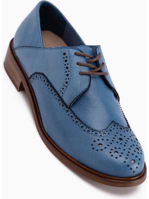 Limoya Dena Hakiki Deri Mavi Bağcıklı Brogue Oxford Kadın Ayakkabı
