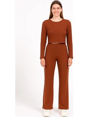 For You Moda Waffle Kumaş Uzun Alt Üst Takım – Kahverengi | %100 Pamuk Doğal Kumaş