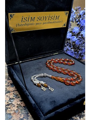 Ateş Kehribar Tesbih, Harfli Kişiye Özel Kadife Kutulu , Sıkma Kehribar ,tespih Gümüş Kaplama, Bal Rengi